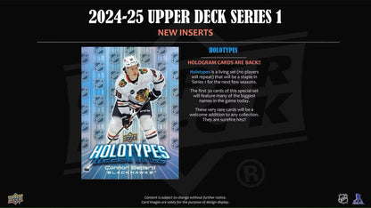 2024-25 Upper Deck Series 1 hockey cards featuring Connor Bedard Holotypes insert and Young Guns