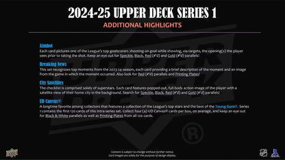 Image of 2024/25 Upper Deck Series 1 Hockey 4-Pack Blaster Box highlighting young guns base set and speckle parallel