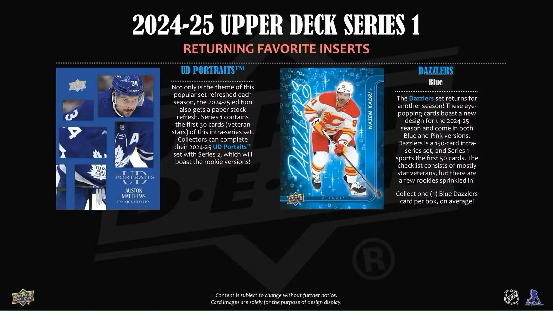 Promotional material for 2024-25 Upper Deck Series 1 Hockey Hobby Box featuring Young Guns, base set, and gold parallel