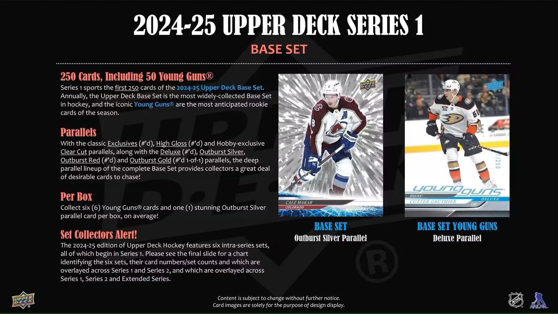 Promotional material for 2024-25 Upper Deck Series 1 Hockey Hobby Box featuring Young Guns, base set, and gold parallel