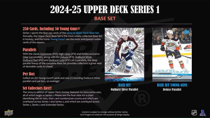 Promotional material for 2024-25 Upper Deck Series 1 Hockey Hobby Box featuring Young Guns, base set, and gold parallel