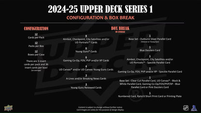 Document detailing 2024-25 Upper Deck Series 1 Hockey Box configuration with Young Guns and gold parallel info