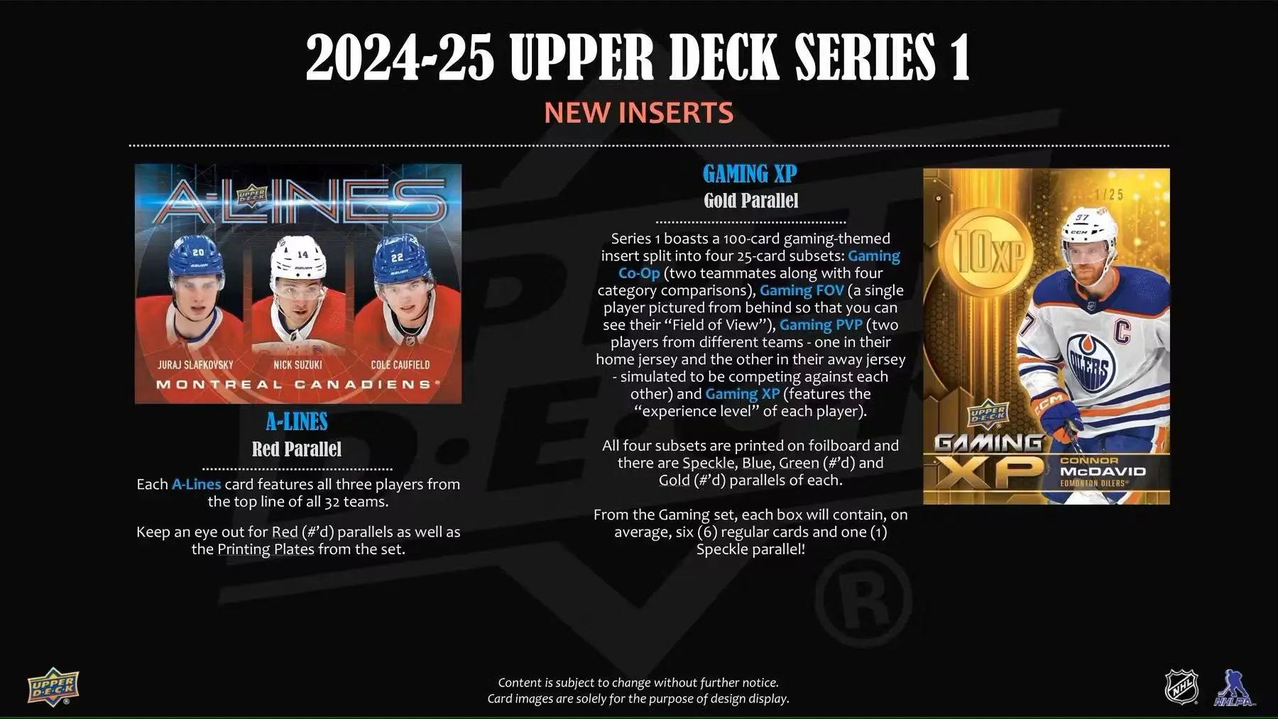 Promotional display of new inserts including Young Guns and Gold Parallel in 2024-25 Upper Deck Series 1 Hockey Hobby Box