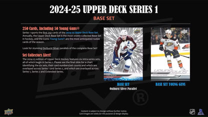 Promotional material for 2024-25 Upper Deck Series 1 Hockey Tin featuring Young Guns and Speckle Parallel cards