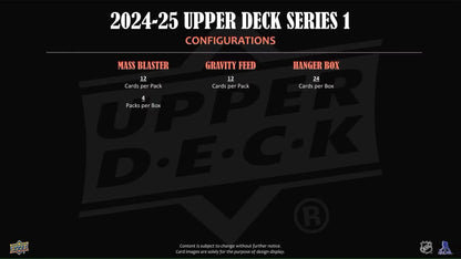 Promotional slide showing 2024/25 Upper Deck Series 1 Hockey Tin with Young Guns speckle parallel and base set configurations