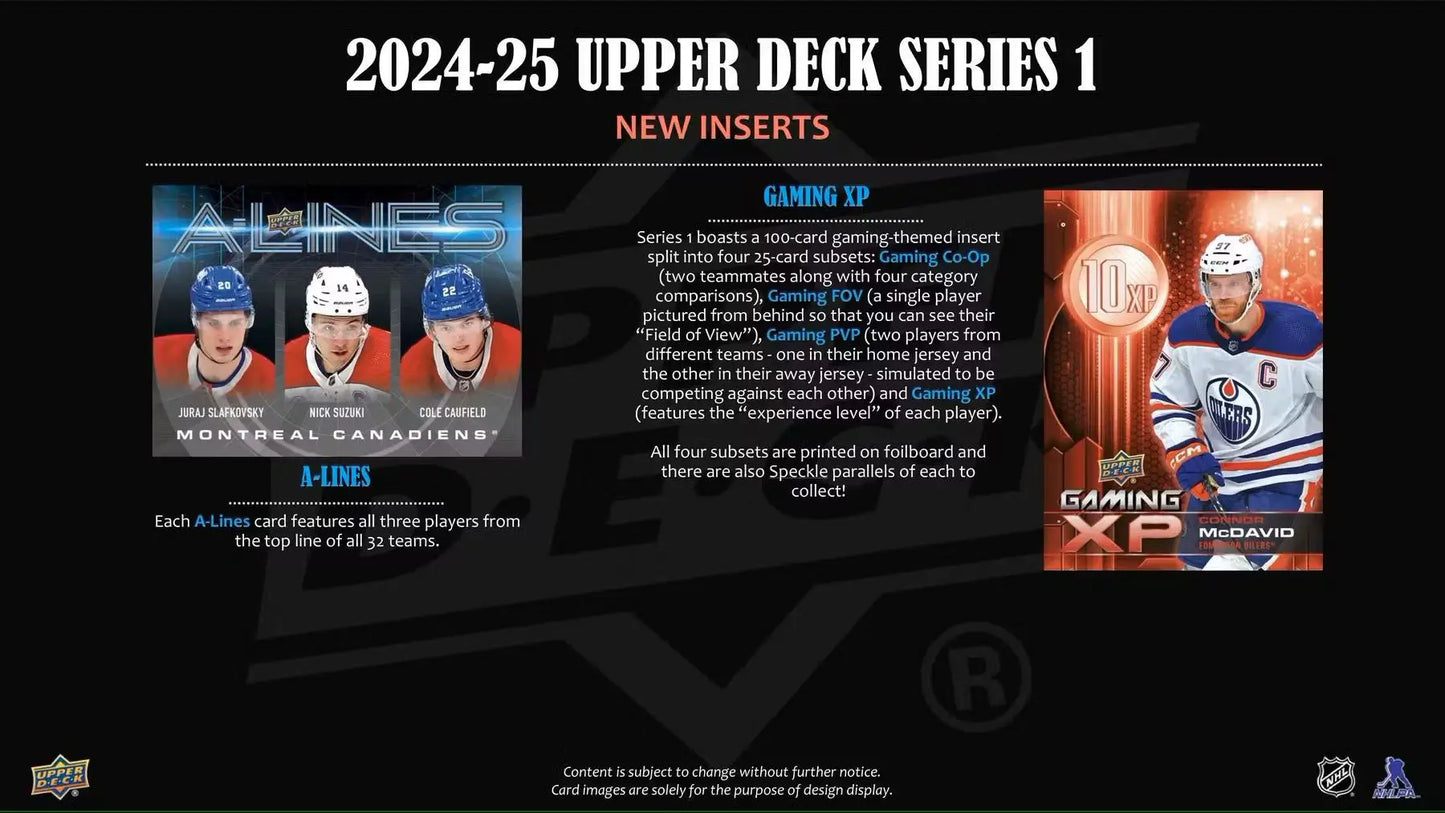 2024/25 Upper Deck Series 1 Hockey Tin promotional slide featuring Young Guns speckle parallel and base set