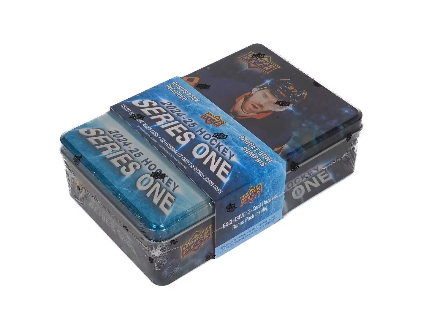 Two 2024/25 Upper Deck Series 1 Hockey Tins with Young Guns, Speckle Parallel, and Base Set