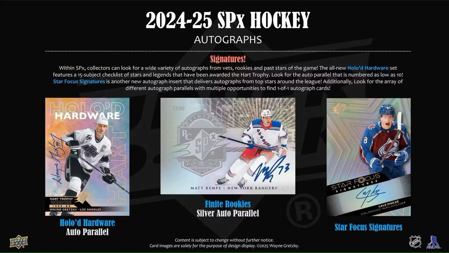 Promotional material for 2024-25 SPx Hockey Autographs featuring autographed cards from the base set rookies