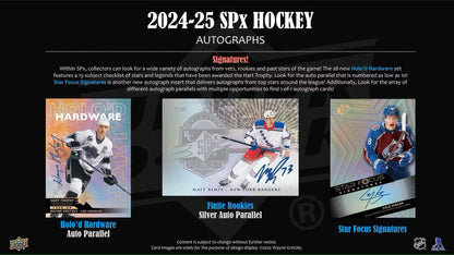 Promotional material for 2024-25 SPx Hockey Autographs featuring autographed cards from the base set rookies