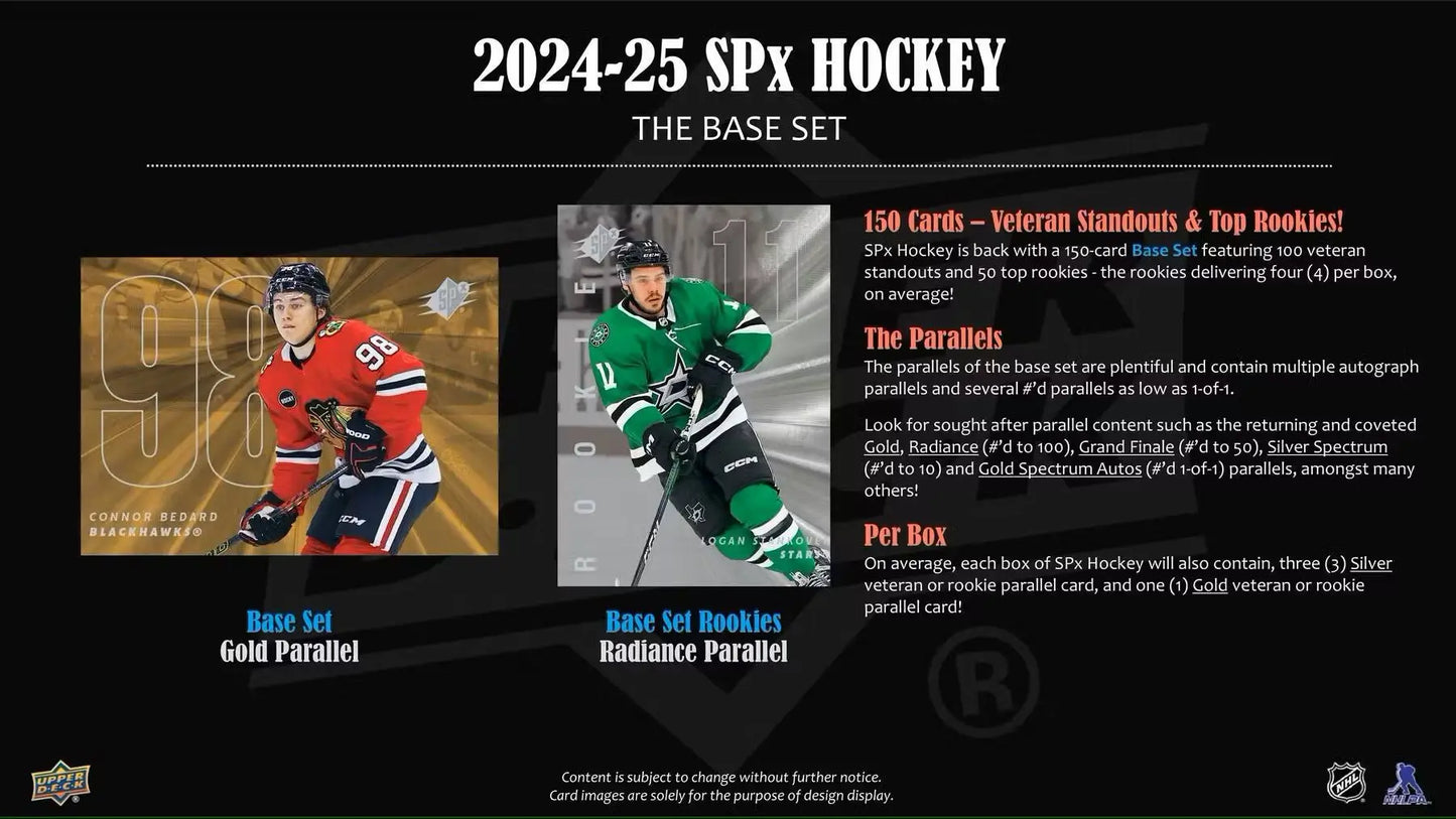 Promotional material for 2024/25 SPx Hockey base set and set rookies trading cards