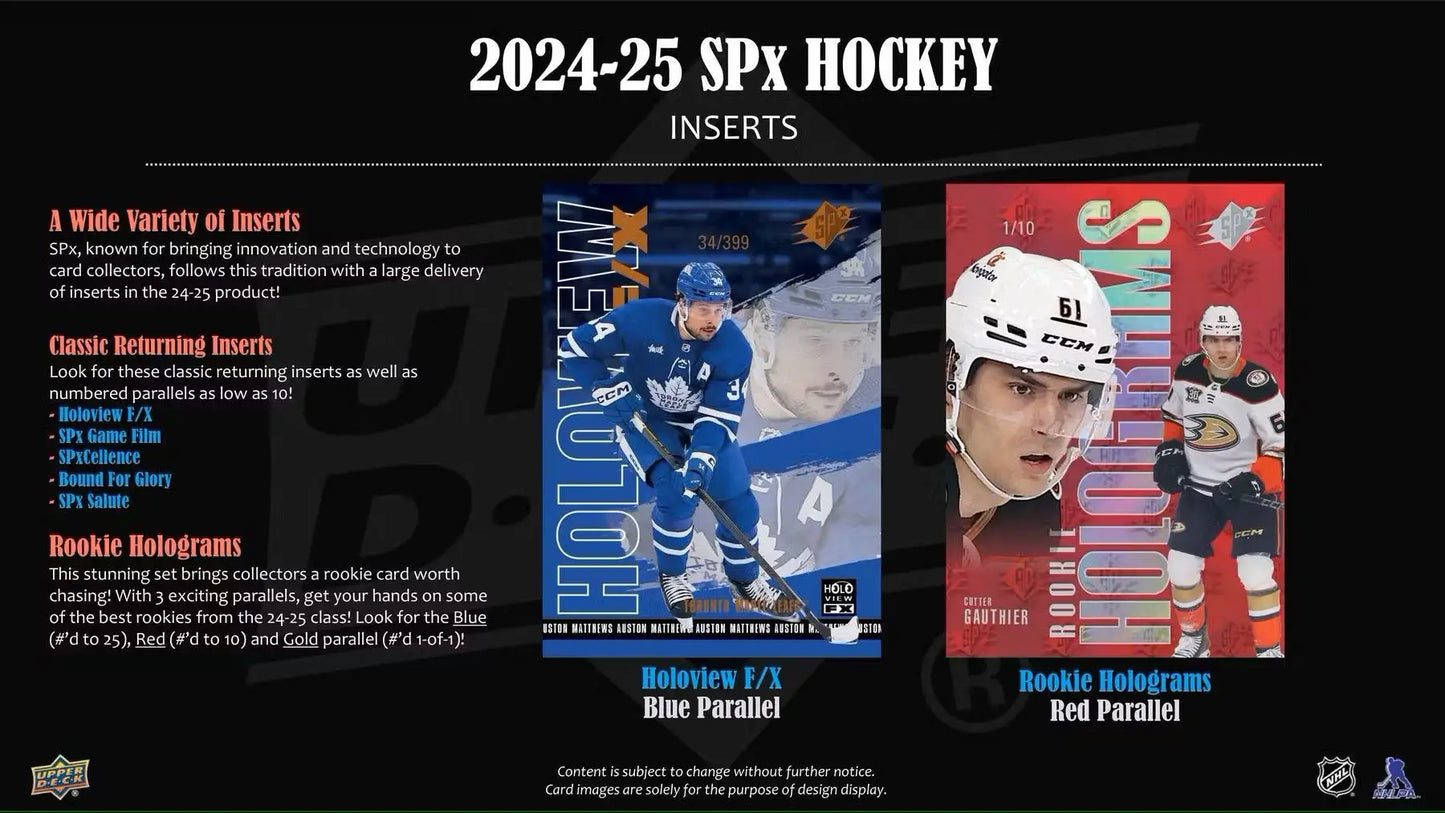 Promotional slide for 2024-25 SPx Hockey trading card inserts featuring base set rookies