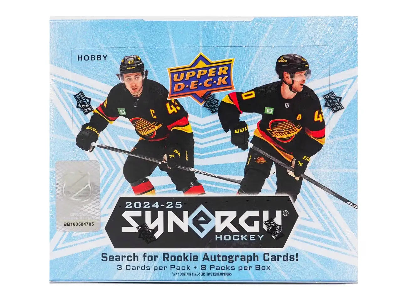 2024-25 Upper Deck Synergy Hockey Hobby Box featuring base set cards and exclusive inserts