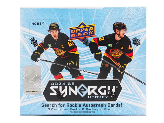 2024-25 Upper Deck Synergy Hockey Hobby Box featuring base set cards and exclusive inserts