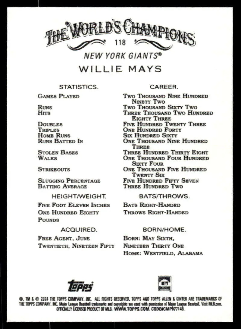 Baseball card featuring Willie Mays career stats with the San Francisco Giants
