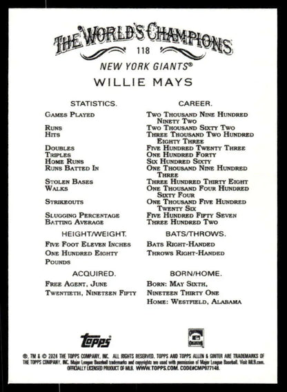 Baseball card featuring Willie Mays career stats with the San Francisco Giants