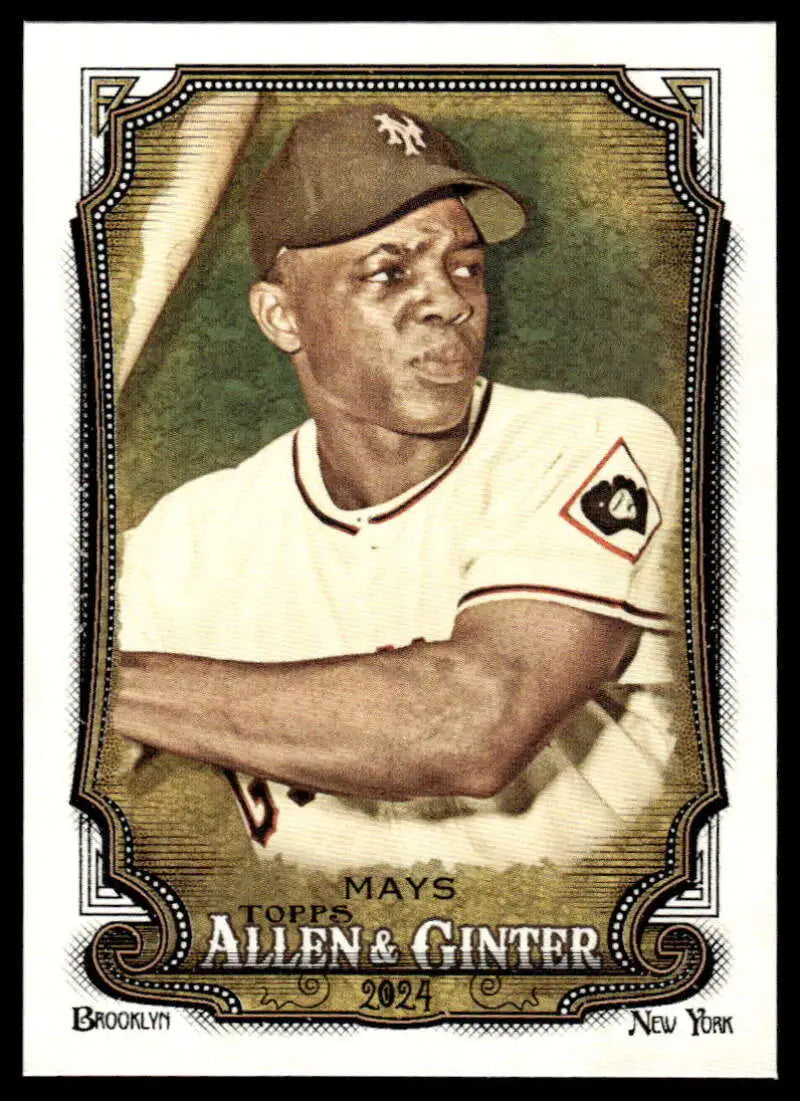 Baseball card of Willie Mays in white uniform and dark cap, San Francisco Giants memorabilia