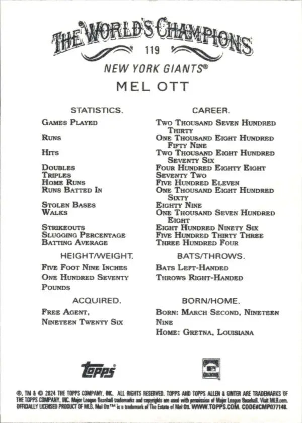 Mel Ott baseball card featuring career stats for San Francisco Giants legend