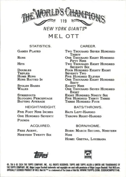 Mel Ott baseball card featuring career stats for San Francisco Giants legend