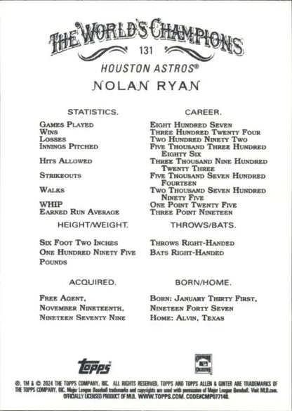 Nolan Ryan Houston Astros baseball card featuring career statistics