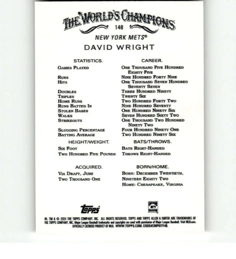 Baseball card back detailing statistics for David Wright of the New York Mets