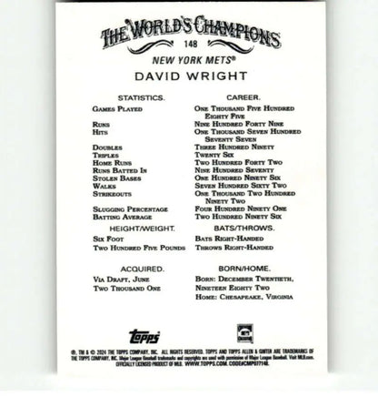 Baseball card back detailing statistics for David Wright of the New York Mets