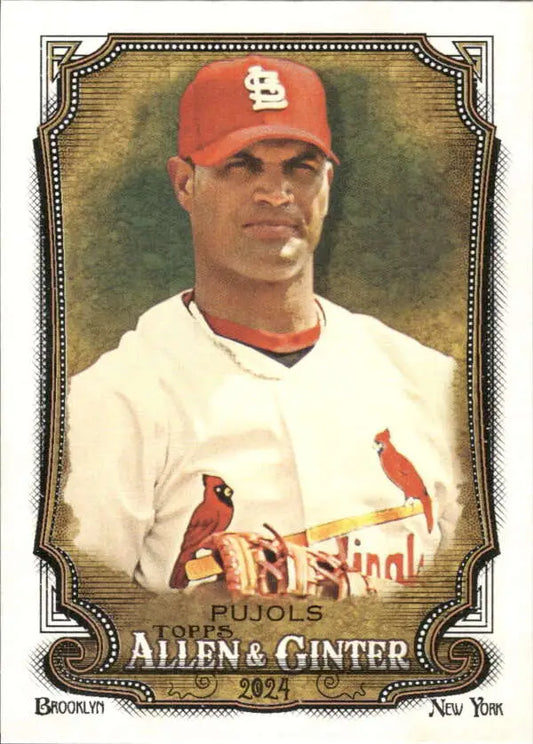 Baseball card of Albert Pujols in white uniform and red cap for St. Louis Cardinals