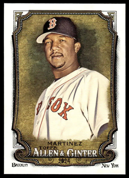 Baseball card of Pedro Martinez in white Boston Red Sox home jersey