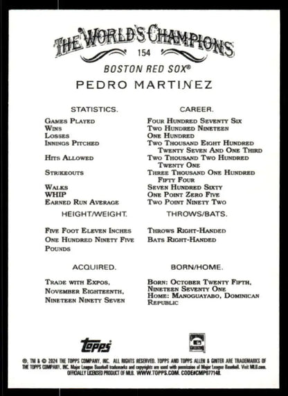 Vintage 2024 Allen & Ginter #154 Baseball Card featuring Pedro Martinez Red Sox stats