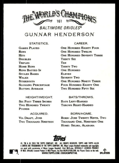Gunnar Henderson Baltimore Orioles baseball card displaying career statistics 2024 Allen & Ginter