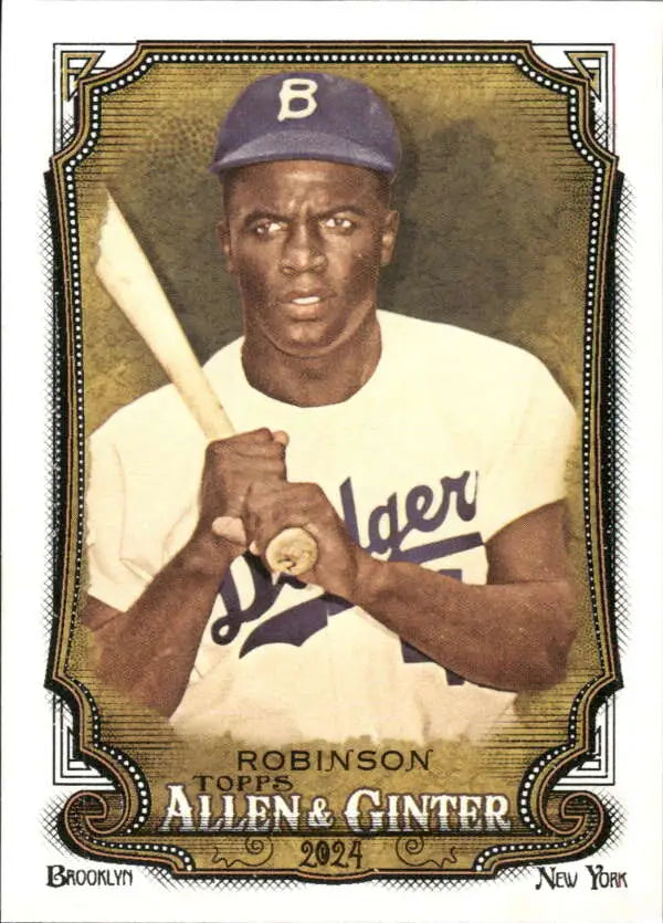 Vintage Jackie Robinson baseball card showcasing Los Angeles Dodgers player with bat