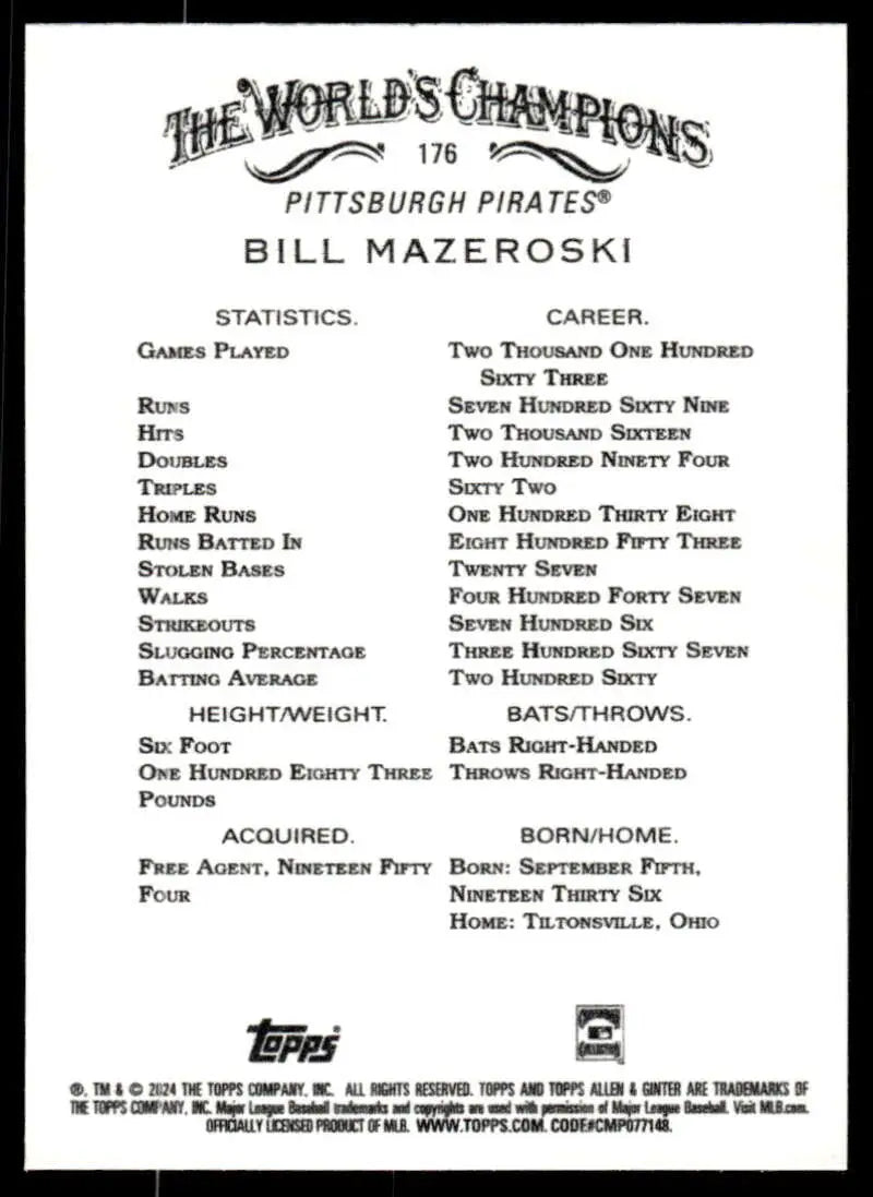 Baseball card featuring Bill Mazeroski’s stats with the Pittsburgh Pirates, Allen & Ginter