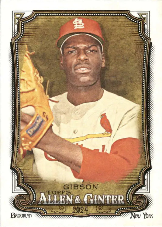 Vintage Bob Gibson NM-MT St. Louis Cardinals baseball card in home uniform with red cap