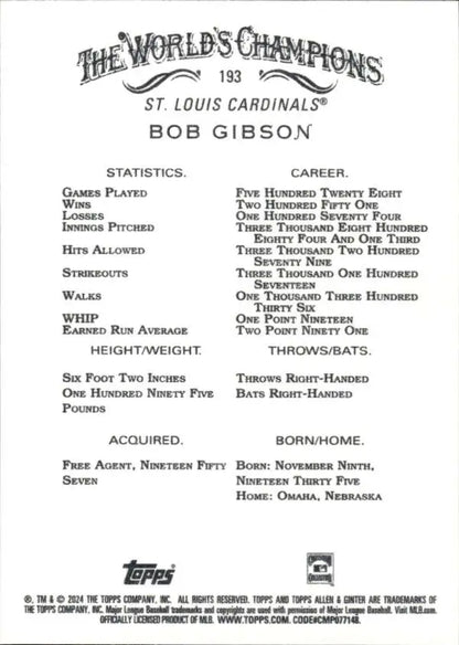Baseball card featuring Bob Gibson NM-MT with statistics for St. Louis Cardinals pitcher
