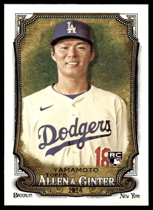 Yoshinobu Yamamoto Rookie Card featuring a Los Angeles Dodgers player in home jersey