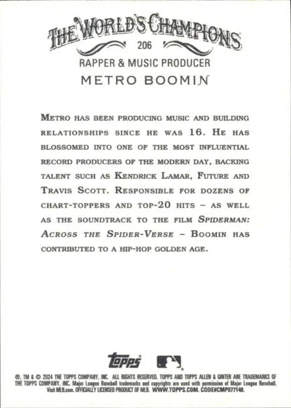 Detailed biography and achievements of Metro Boomin on 2024 Allen & Ginter baseball card