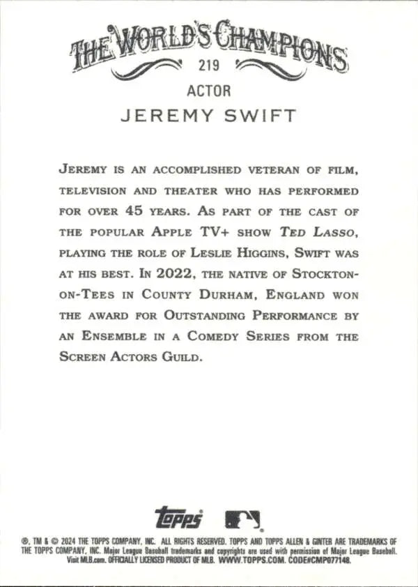 Trading card back featuring biographical text about Jeremy Swift from The World’s Champions series