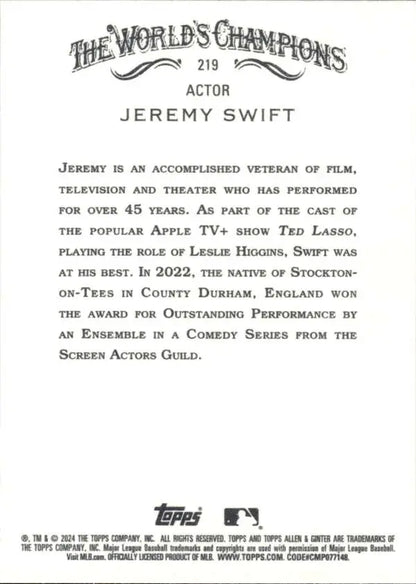 Trading card back featuring biographical text about Jeremy Swift from The World’s Champions series