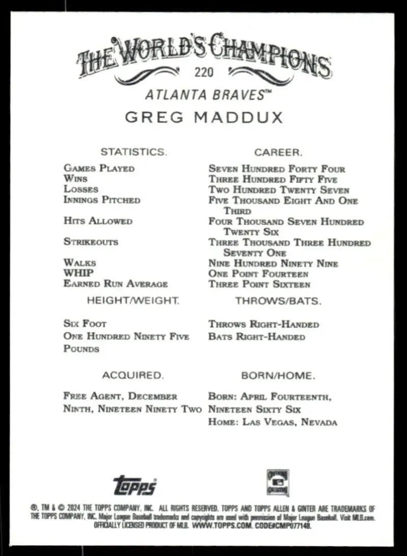 Greg Maddux Atlanta Braves career statistics baseball card from 2024 Allen & Ginter