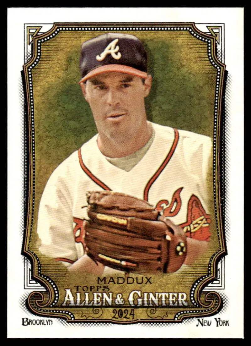 Baseball card of Greg Maddux in white uniform for Atlanta Braves collectors