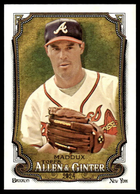 Baseball card of Greg Maddux in white uniform for Atlanta Braves collectors