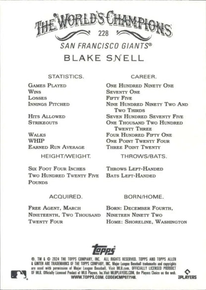 2024 Allen & Ginter #228 Blake Snell San Francisco Giants Baseball Card statistics and info