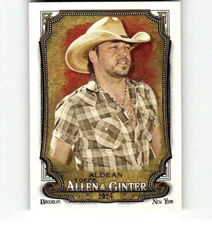 Jason Aldean baseball card featuring performer in cowboy hat and plaid shirt, Allen & Ginter
