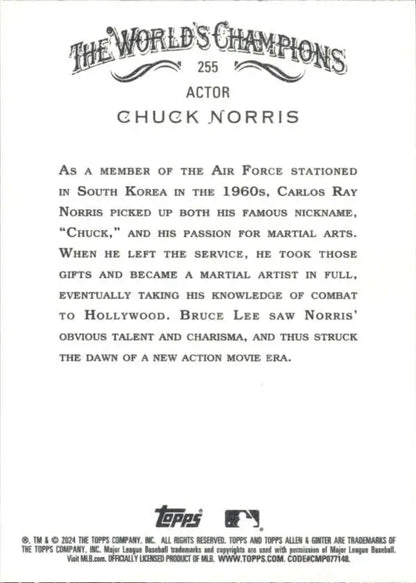 Trading card back featuring Chuck Norris’s biography and martial arts history