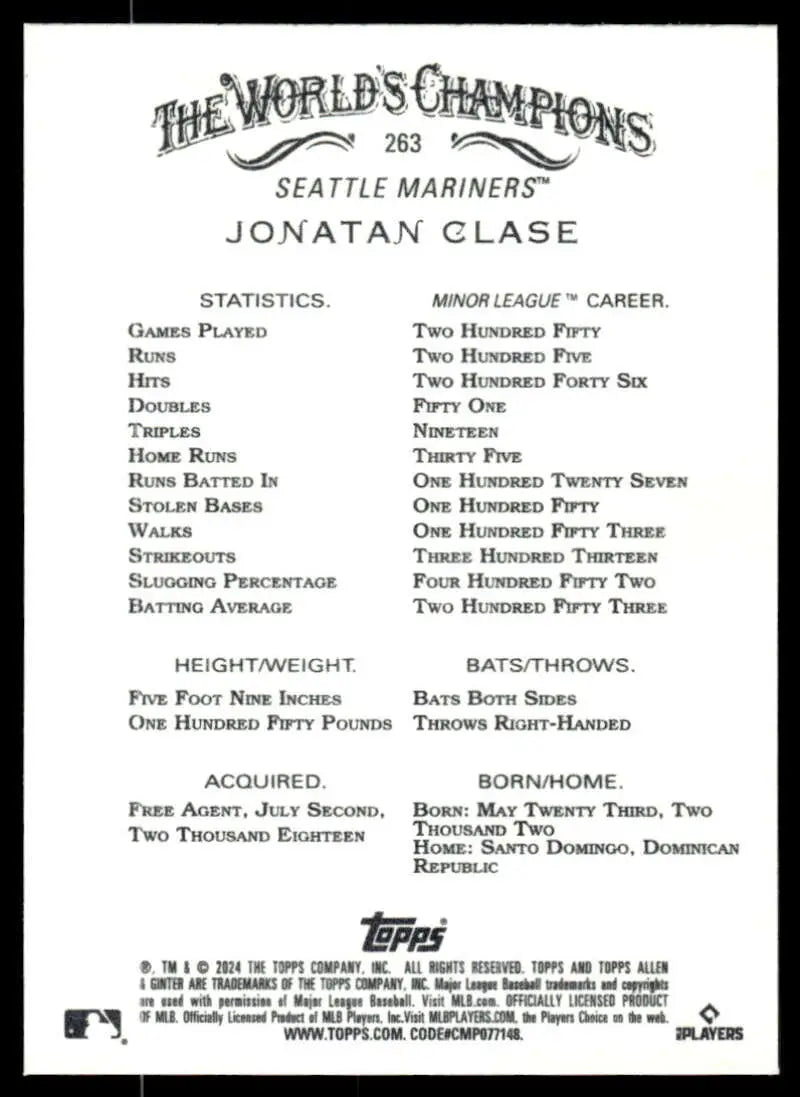 Jonatan Clase Seattle Mariners baseball card displaying career statistics and info
