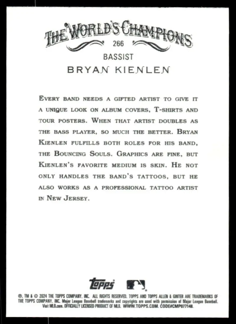 Bryan Kienlen baseball card from 2024 Allen & Ginter highlights musician and tattoo artist