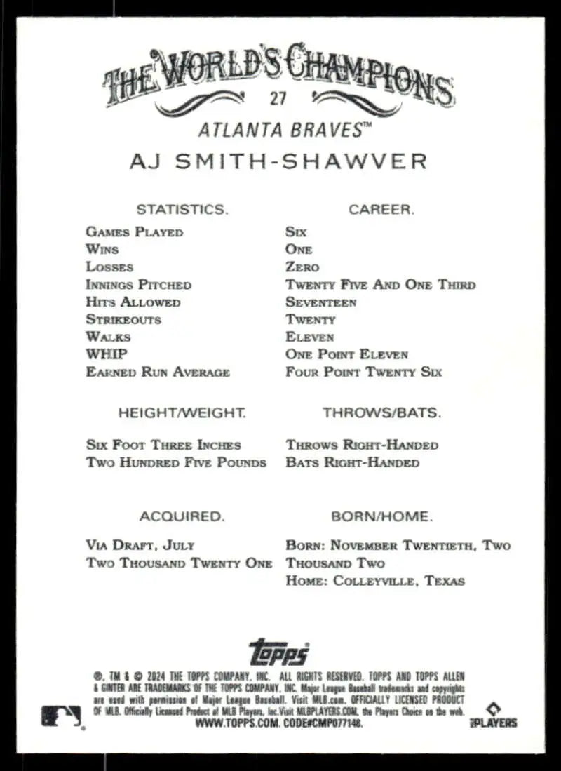 AJ Smith-Shawver Rookie Card featuring Atlanta Braves statistics from Allen & Ginter