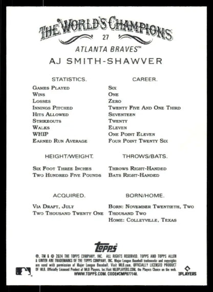 AJ Smith-Shawver Rookie Card featuring Atlanta Braves statistics from Allen & Ginter