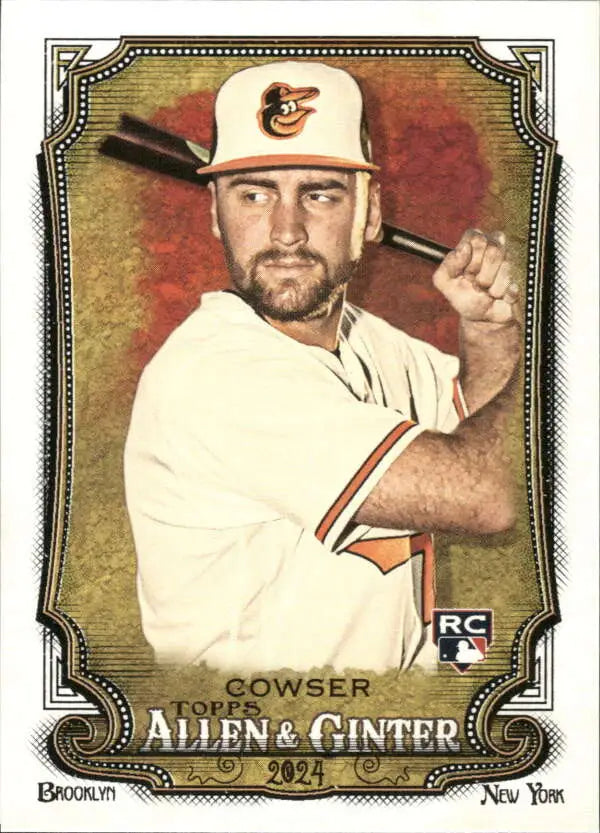 Baseball card of Colton Cowser, Rookie Baltimore Orioles player with bat from 2021 set