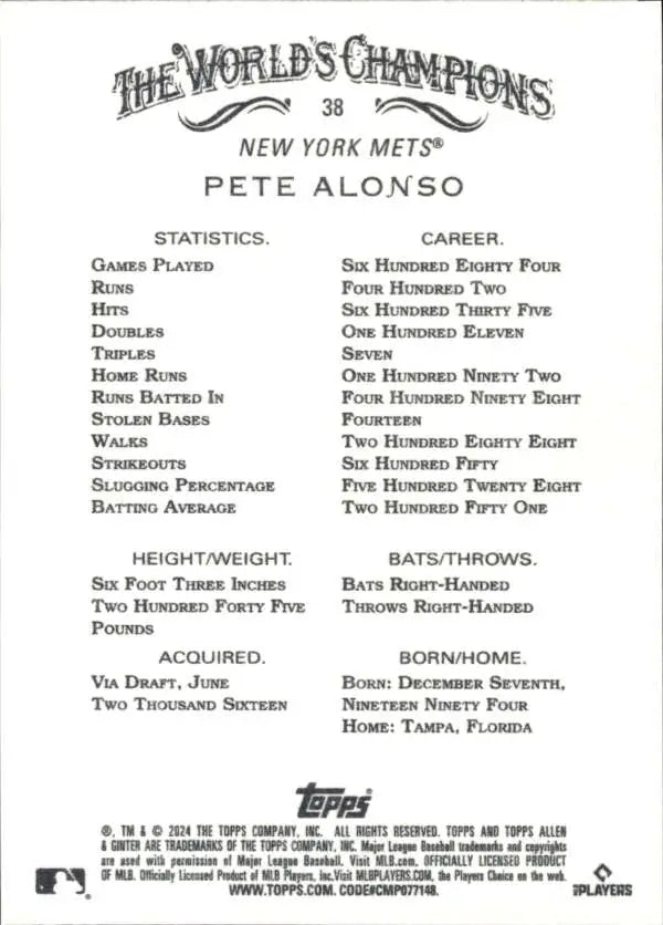 Pete Alonso statistics page from 2024 Allen & Ginter New York Mets Baseball Card