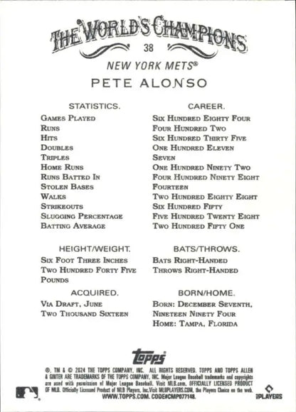 Pete Alonso statistics page from 2024 Allen & Ginter New York Mets Baseball Card